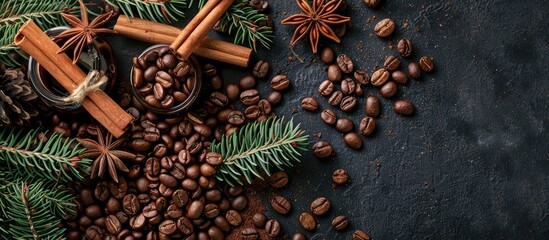 Top down view of coffee beans and cinnamon sticks on a Christmas themed background perfect for a festive copy space image