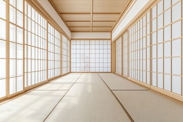 Obraz premium Minimalist Japanese Room with Tatami Floor and Shoji Screens