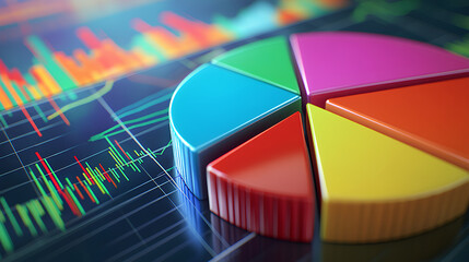 Ultra-realistic 3D illustration of a colorful pie chart with detailed financial graphs in the background for business data analysis

