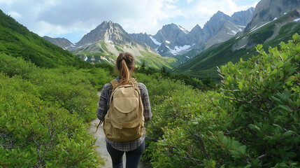 Fototapeta premium Solo Hiker Exploring a Lush Mountain Trail Surrounded by Greenery