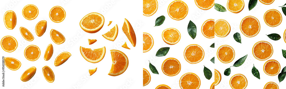Poster an orange slice falling on a white background, clipped path, and full depth of field are visible