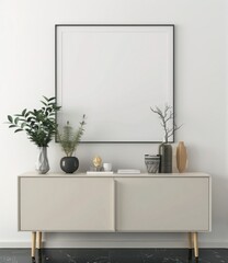 Minimalist interior mockup with empty frame above a white sideboard with plants and vases, 3D rendering
