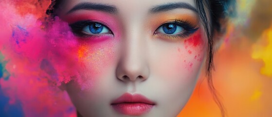 Asian woman with vibrant watercolor makeup, soft blending of colors creating an ethereal, artistic beauty