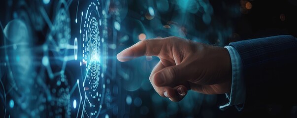 A close-up image of a hand interacting with futuristic holographic fingerprint technology in a dark environment Highlights the concept of biometric authentication.