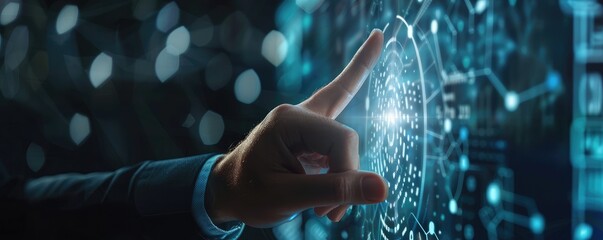 Fototapeta premium A close-up image of a hand interacting with futuristic holographic fingerprint technology in a dark environment Highlights the concept of biometric authentication.