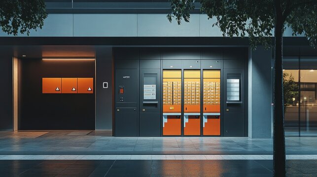 A parcel locker station in a modern city, with packages ready for pickup, representing convenient and secure parcel transport options. Plenty of space for copy.