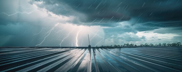 Dramatic lightning storm over metal roof