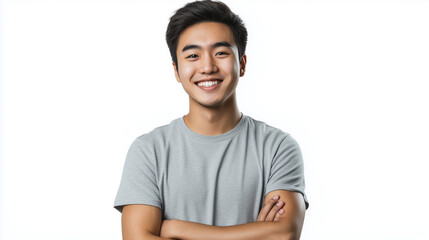A smiling young Asian man, wearing a casual t-shirt and jeans, isolated on a white background