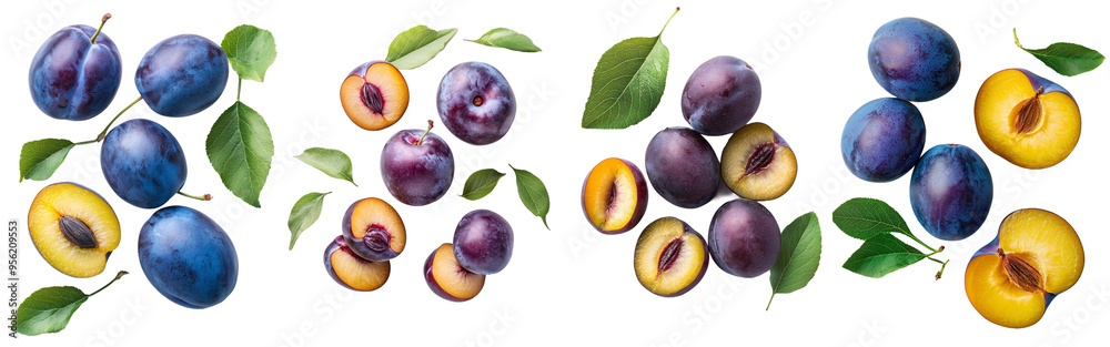 Aufkleber Defining object: falling plum isolated on white background, clipping path, depth of field full