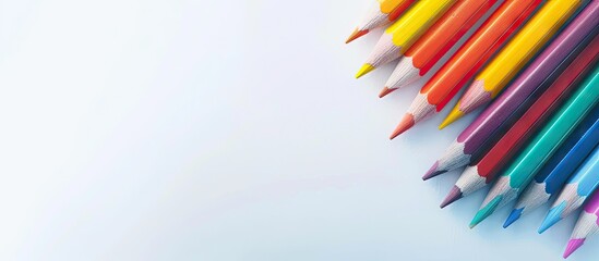 Fototapeta premium Colorful pencils from above on a white background with room for text or graphics Perfect for school office or art themed designs. with copyspace image