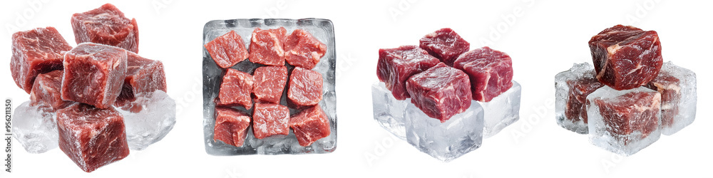Poster isolated red meat in an ice cube, clipping path, full depth of field, white background