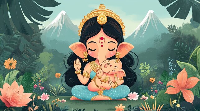 15. Cute cartoon Parvati holding Ganesh in her arms, with a loving expression, set against a backdrop of mountains and a peaceful garden