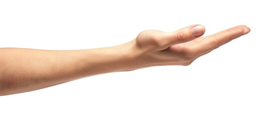 Hand with open palm on a white backdrop isolated close up with copy space image