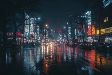 Rainy Night Street in Tokyo with Neon Lights