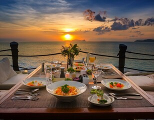 Fototapeta premium dinner at the beach,Luxury meal on table with sea with beautiful sunset,sunset, sea, sun, food, sky, sunrise, ocean, water, beach, nature