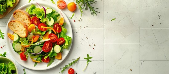 Plate with a delicious vegetable salad and bread slices on a bright tile background ideal for a copy space image
