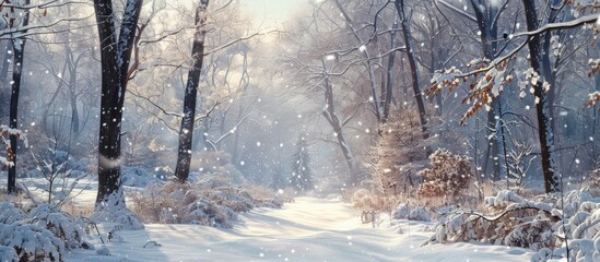 Witness the enchantment of the winter s first snowfall as the trees turn into a picturesque winter wonderland capturing memories against the stunning snowy backdrop in a copy space image