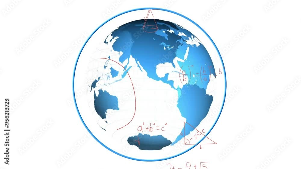 Poster rotating globe with mathematical equations and graphs animation over white background
