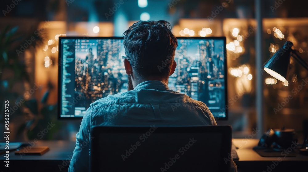 Poster a person working at a desk in a modern office with multiple screens displaying cityscape and code at