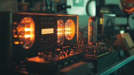 Vintage Audio Amplifier with glowing tubes