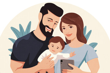 Happy family with child taking selfie over beige background