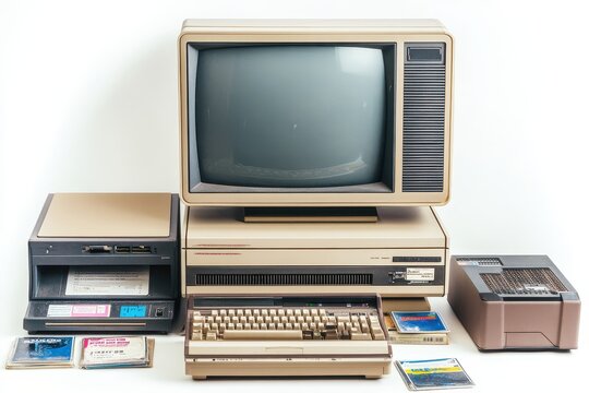 A vintage computer setup with a monitor, keyboard, and storage devices from the past.