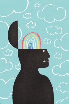 Illustration of person with open mind and rainbow over cloudy background