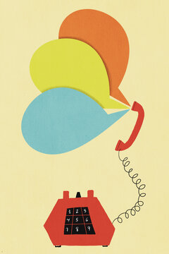 Telephone with multiple speech bubbles over yellow background