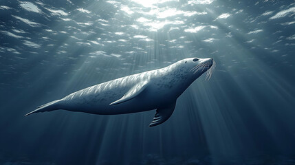 Naklejka premium Seal Swimming Underwater With Sunbeams