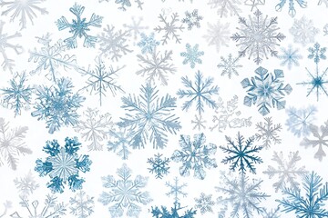 Delicate snowflakes of varying shapes and sizes create an abstract pattern, evoking the serene essence of winter's chill. Generative AI