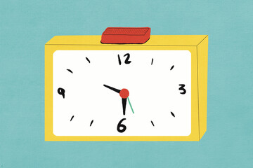 Yellow alarm clock showing time on blue background