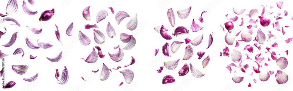 Poster Detailed image of a falling red onion with a clipping path and full depth of field on a white background