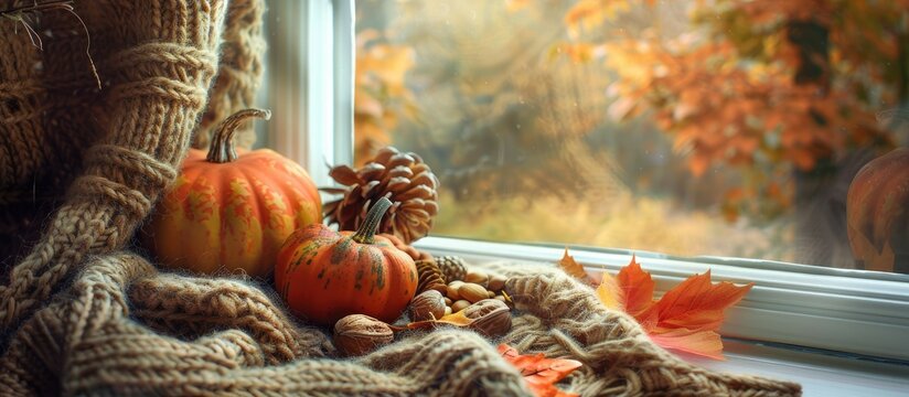Festive autumn arrangements including pumpkins fall leaves nuts and a pine cone arranged on a warm woolen scarf on a windowsill creating a cozy autumn ambiance with a copy space image