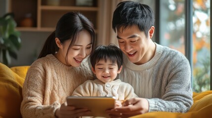Asian parents setting up a digital photo frame with shared access, allowing both to update and share memories with their child.