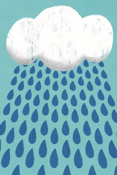 Raindrops falling from white cloud against blue background