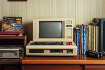 A vintage computer setup with books and a game box on a wooden desk.