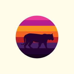 Silhouette of a tiger against a striped retro sunset. Original vector illustration in vintage style isolated on light background. T-shirt design.