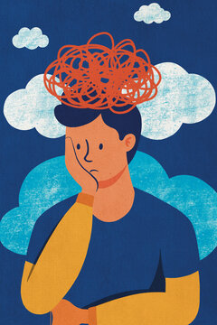 Illustration of worried man tangled in thoughts against cloudy background