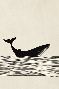 Illustration of blue whale swimming in textured ocean