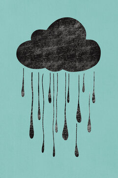 Rain drops falling from black cloud over teal background