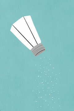 Illustration of salt shaker pouring salt on blue background