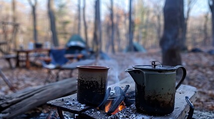 Mocha pots on an open flame at camp with woods in backdrop