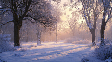 sunrise in the park in winter