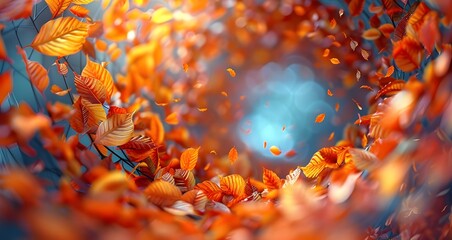 A swirling vortex of autumn leaves in vibrant shades of orange and gold, set against a soft blue background that creates a dreamlike atmosphere. 