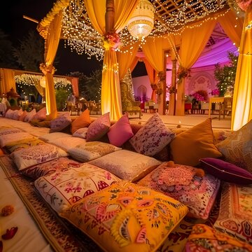 luxury interior decotation comfortable pillows in night generative ai