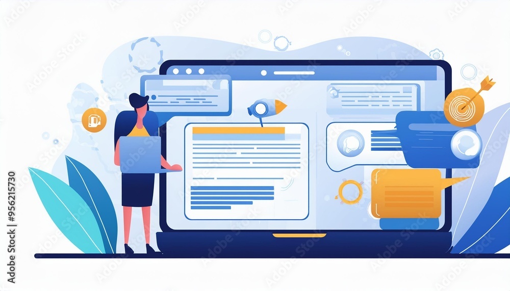 Wall mural vector abstract illustration showcasing website design, development, and programming elements, featu