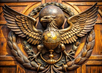 A bronze emblem glows with honor and strength, an eagle poised atop a globe, wings spread wide, flanked by anchors and oak leaves in bold relief.