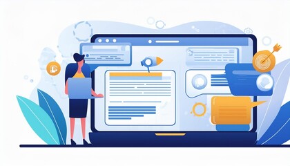 Vector abstract illustration showcasing website design, development, and programming elements, featuring a digital chatbot and robot application engaged in a conversation