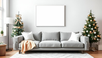A living room with a gray sofa, white throw pillows, and a white blank framed  on the wall, christmas