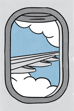Airplane wing flying above clouds as seen by passenger through window